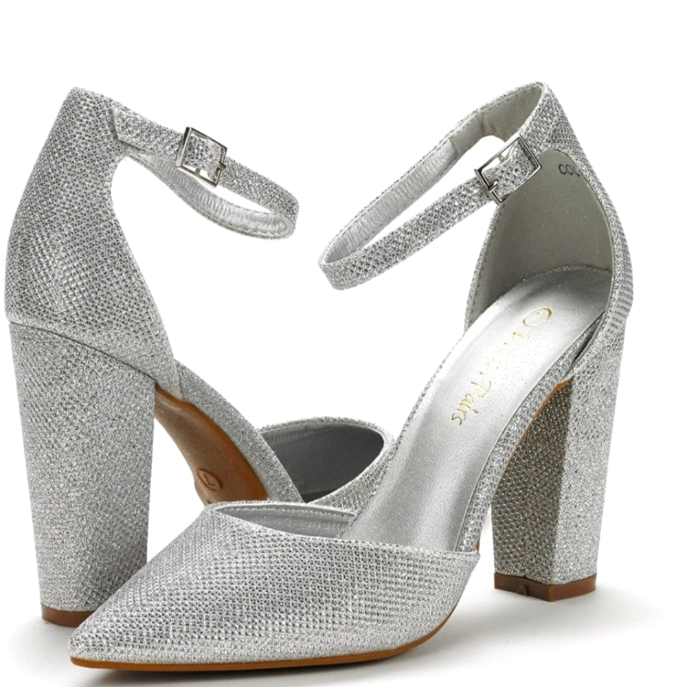 Silver Chunky Pointed Toe High Heels, Size 7.5